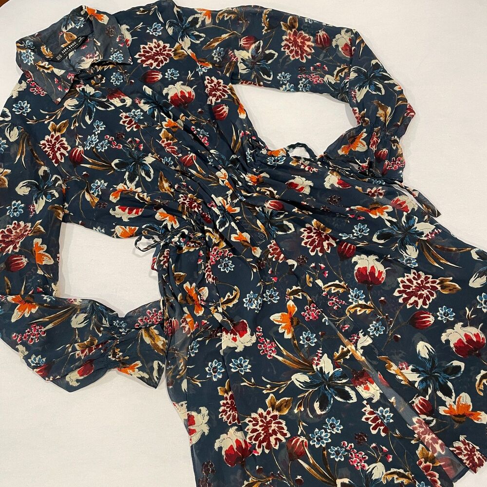 ~ ZARA  Sheer* XS Tunic Blouse/Dress Floral Botanical Boho Button Up Long Sleeve